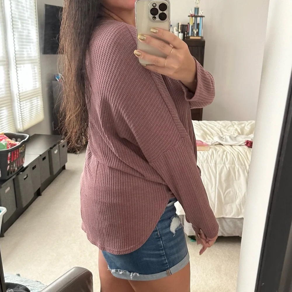 Waffle Knit Tie Front Top - Picture 3 of 6